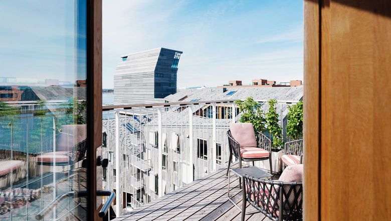 A view of the Munch Museum from the deck of the seventh-floor Dance of Life apartment, one of A-One's vacation rental properties in Oslo.