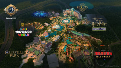 A map showing the five themed areas of Epic Universe.