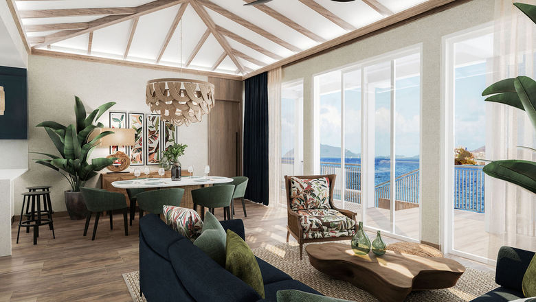 The dining and living area of one of the new two-bedroom villas, with outdoor hot tub, at the Peter Island Resort.