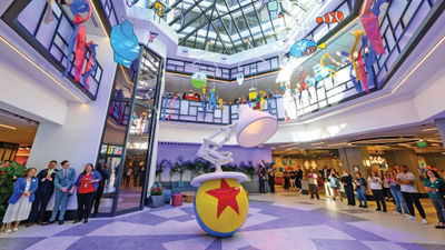 A sculpture of the Pixar Lamp mascot in the Pixar Place Hotel lobby.