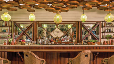 The main bar area at Telu features plenty of materials that have been repurposed or recycled.