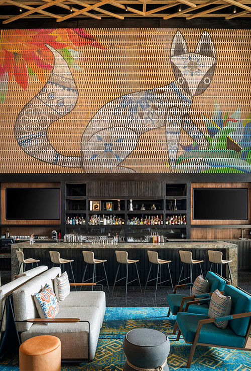 The lobby of the hotel is sleek and modern with distinct design details that are native to Yucatan.