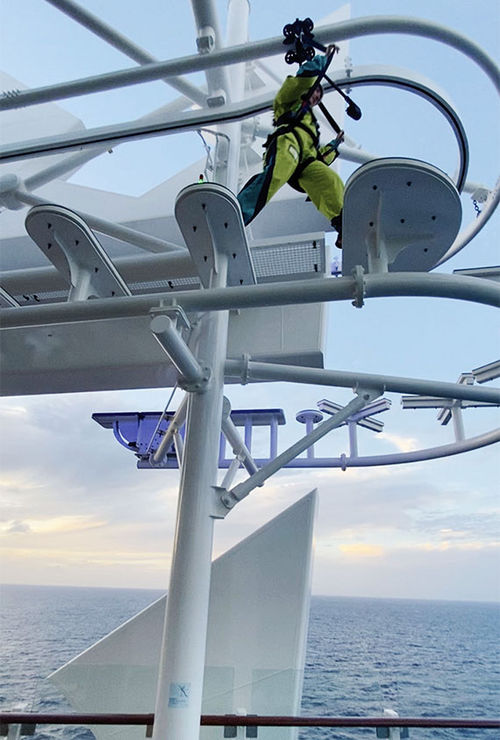 Travel Weekly cruise editor Andrea Zelinski navigates Crown's Edge, which she describes as part obstacle course, part free fall. Travel Weekly cruise editor Andrea Zelinski navigates Crown's Edge, which she describes as part obstacle course, part free fall.