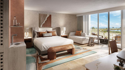 A rendering of a king guestroom at Salterra.