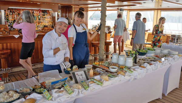 A sushi and salad buffet onboard the Sea Cloud Spirit.