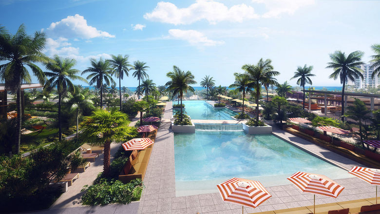 A rendering of the oceanfront pool deck at the Hotel Indigo Grand Cayman, which is opening in April.