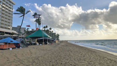 The organization Lahaina Strong camped on Kaanapali Beach to advocate for long-term housing for displaced Lahaina residents.