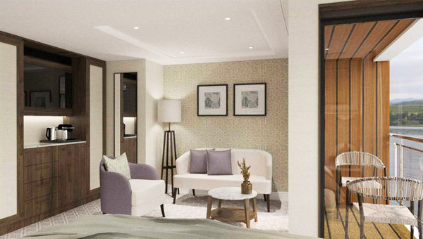 A rendering of a balcony suite's seating area on the Riviera Rose.