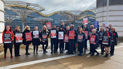Southwest Airlines flight attendants protesting at Washington Reagan National Airport.