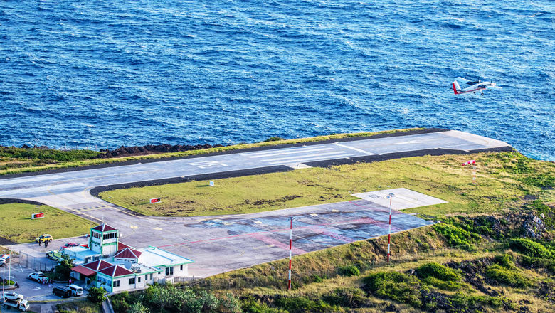 A Winair flight departs Saba’s Juancho E. Irausquin Airport.