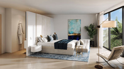 A rendering of a guestroom at the Cas en Bas Beach Resort.