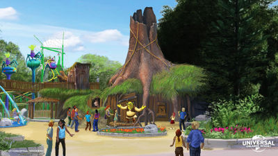 A rendering of Shrek's Swamp Meet at DreamWorks Land.