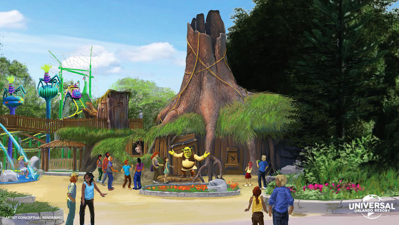 A rendering of Shrek's Swamp Meet at DreamWorks Land.