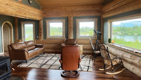 The property has picture windows and scopes for views of the Alaska Range and the Clearwater Mountains. The property has picture windows and scopes for views of the Alaska Range and the Clearwater Mountains.