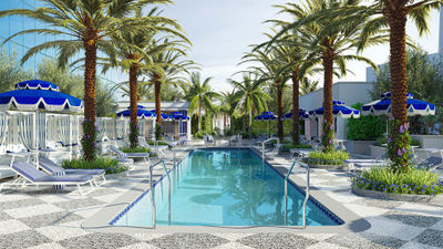 The Fontainebleau's VIP Legacy Pool, seen here in a rendering, features tall palms and the resort’s largest cabanas.