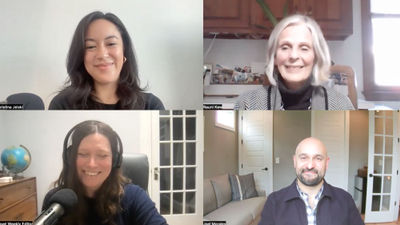Clockwise from top left: Christina Jelski of Travel Weekly, Rauni Kew of the Inn by the Sea in Maine, Joel Morales of Castlerock Asset Management and host Rebecca Tobin talk about their programs to incorporate dogs into the lobby scene of their hotels.