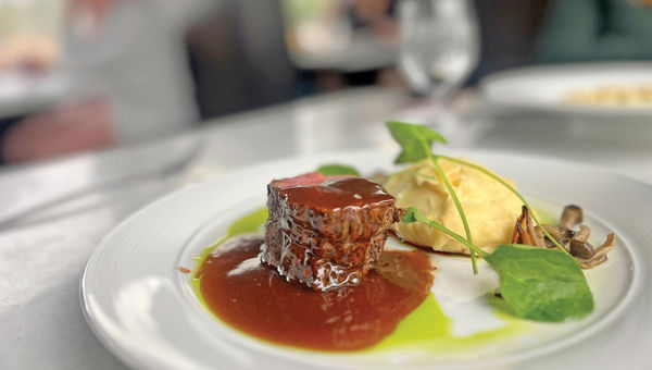 Filet mignon with mashed potatoes and wild mushrooms is one of the main courses served for lunch aboard the Napa Valley Wine Train.