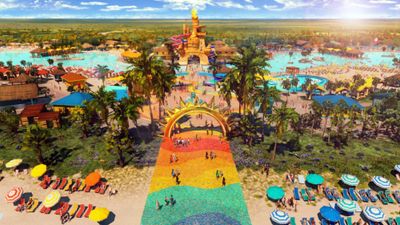 The brightly colored Paradise Plaza will feature a rainbow-colored promenade leading guests through a sun-shaped arch.
