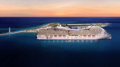 A rendering of the MSC World America docked at Ocean Cay MSC Marine Reserve.