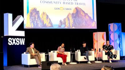 The community-based tourism panel at SXSW. From left: Arnie Weissmann, editor in chief, Travel Weekly; Diana Flores, captain, Mexico national flag football team and ambassador for Los Cabos Tourism Board; Rodrigo Esponda, managing director, Los Cabos Tourism Board; and Juliet Kinsman, sustainability editor, Conde Nast Traveler.