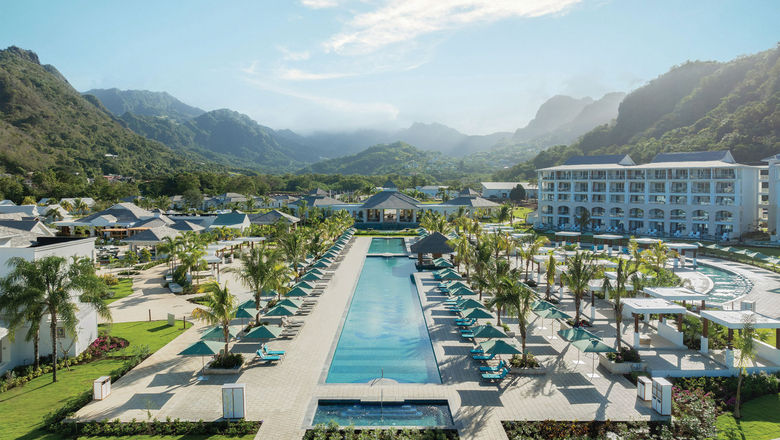 A 300-foot linear pool is a centerpiece at the Sandals Saint Vincent and the Grenadines.