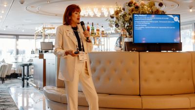 Riviera River Cruises executive vice president of sales and marketing Marilyn Conroy speaking at the 2024 ASTA River Cruise Expo.