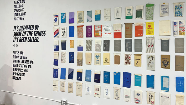 A selection of airsickness bags from the collection of Eli Cox, a retired University of Texas at Austin professor who began collecting them in the late 1960s.
