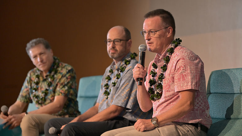 Travel Weekly editor in chief Arnie Weissmann (left) interviewed Hawaiian Airlines' Avi Mannis and Alaska Airlines' Joe Sprague (right) at the Travel Weekly Hawaii Leadership Forum.