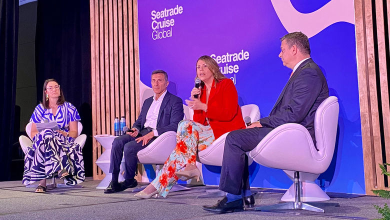 From left, moderator Michelle Baran, MSC's Antonio Burrello, Windstar's Janet Bava and Atlas Ocean Voyages' Jason O'Keefe discussing how to attract new cruisers.