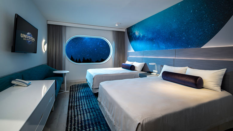 A guestroom rendering at the 750-room Universal Terra Luna Resort.