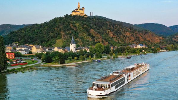 A Viking ship cruising the Rhine River. Viking's 2025 inventory is already 67% booked.