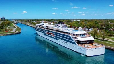 The Viking Octantis expedition ship traversing the Welland Canal in Ontario during a Great Lakes cruise.