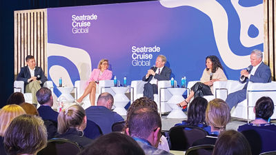 The Luxury CEO Panel at Seatrade Cruise Global 2024 included, from left, moderator and Travel + Leisure news director Paul Brady; Barbara Muckermann, then the president for Silversea; Ponant CEO Herve Gastinel; Seabourn Cruises president Natalya Leahy; and Ritz-Carlton Yacht Collection CEO Jim Murren.