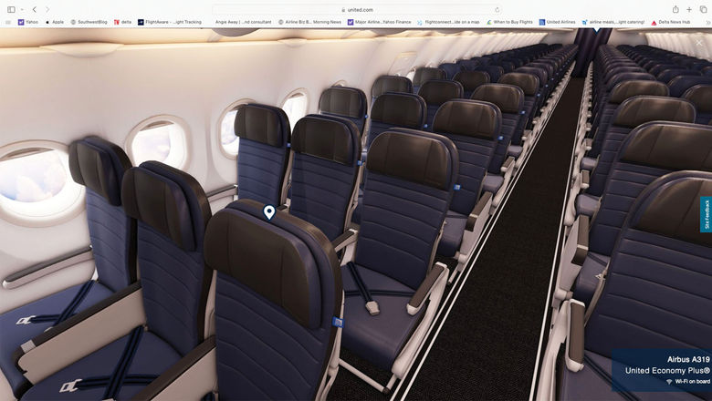 A screengrab shows the 3D view of an aircraft cabin during the seat-selection portion of United's booking path.