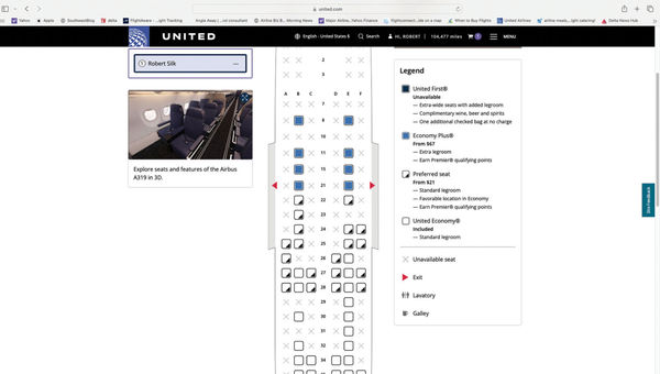 A photo of a United Airbus A319 interior that flight shoppers see during seat selection.