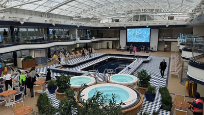 The Pavilion has a pool, a restaurant serving wellness-minded food and smoothies, and a screen for evening movies.
