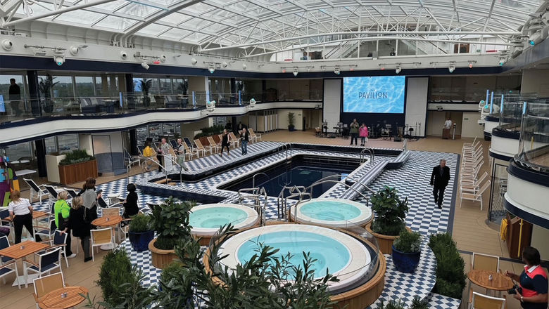 The Pavilion has a pool, a restaurant serving wellness-minded food and smoothies, and a screen for evening movies.