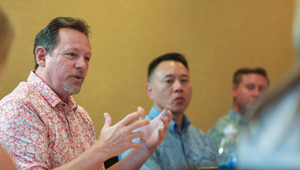 Mark Stubbert, Ensemble; Daniel Nahoopii, Hawaii Tourism Authority; and Jeff Anderson, Avoya Travel.