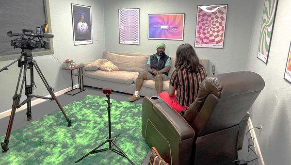 Ricky Williams being interviewed by KATU's Christina Giardinelli before his first psychedelic session at the Psilocybin Service Center.