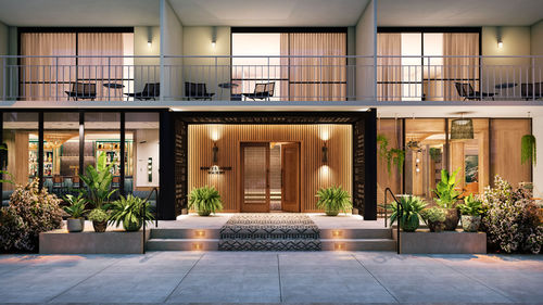 A rendering of the front entrance of the Romer House Waikiki. A rendering of the front entrance of the Romer House Waikiki.