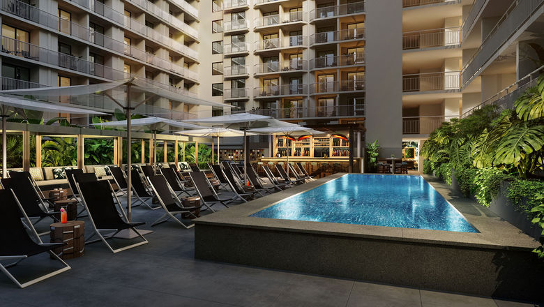 A rendering of the Backyard pool and bar on the second floor of the Romer House Waikiki.