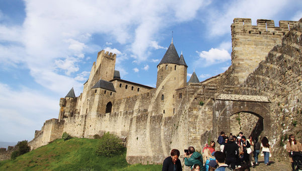 The walls of Carcassonne with the effects of the 2018 art installation “Eccentric, Concentric Circles” still visible.