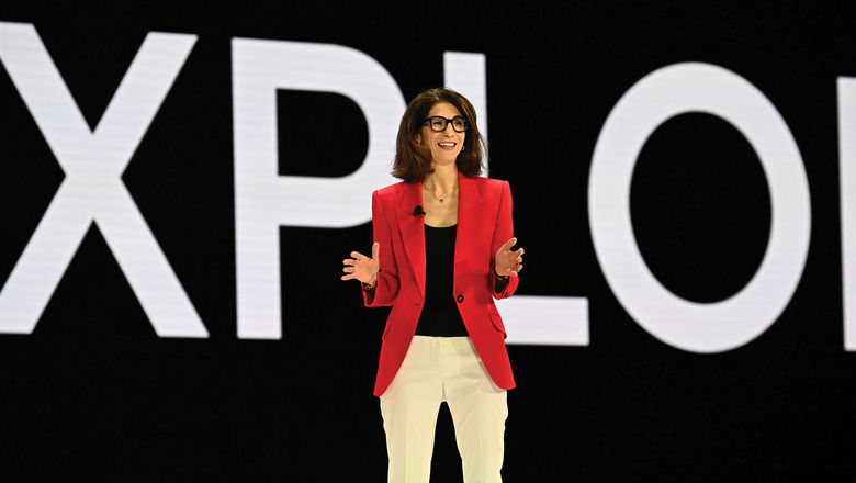 Expedia CEO Ariane Gorin on stage during Expedia’s Explore partner conference.