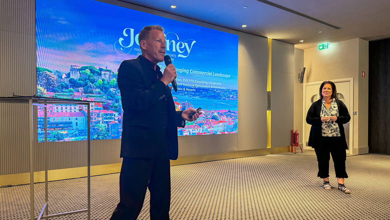From left, Preferred executives Rhett Hirko and Kathleen Cullen at the Preferred Hotels & Resorts Global Conference in Lisbon.