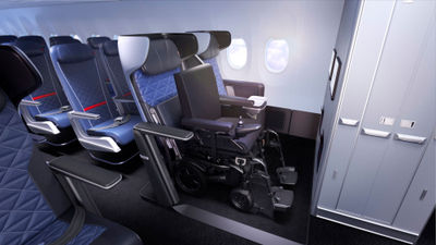 This Delta Flight Products prototype would allow economy flyers to remain in their own powered wheelchair.