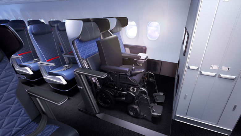 This Delta Flight Products prototype would allow economy flyers to remain in their own powered wheelchair.
