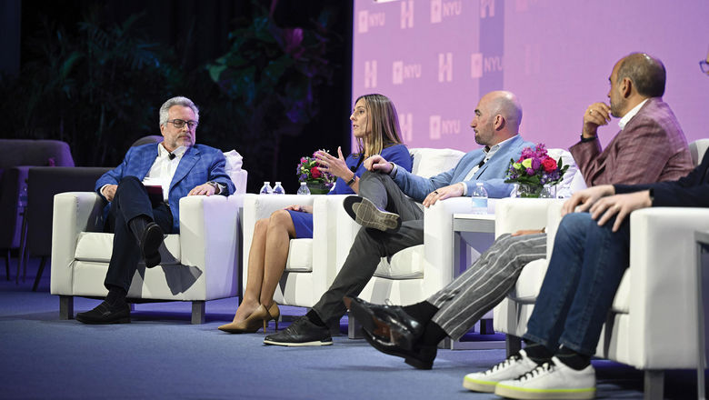 STR president Amanda Hite (second from left) presents an updated U.S. hotel forecast at the NYU International Hospitality Industry Investment Conference.