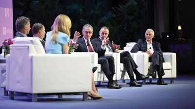 Hyatt CEO Mark Hoplamazian (center) said Hyatt's corporate accounts are up 12% for the year through April.