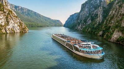 The AmaMagna sailing through the Iron Gates on the Danube on the border of Romania and Serbia.