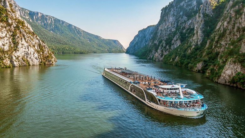 The AmaMagna sailing through the Iron Gates on the Danube on the border of Romania and Serbia.